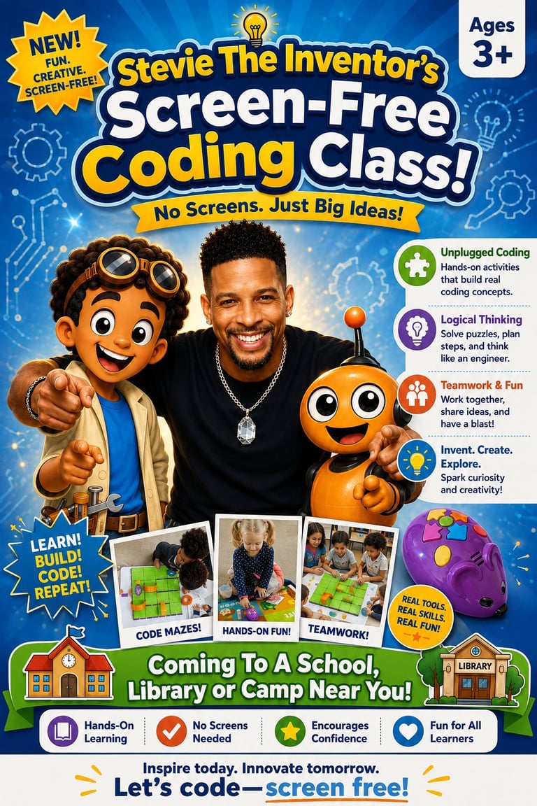 Promotional flyer for Stevie The Inventors Screen-Free Coding Class for ages 3+, featuring a man and animated robot character with coding activities and learning icons.