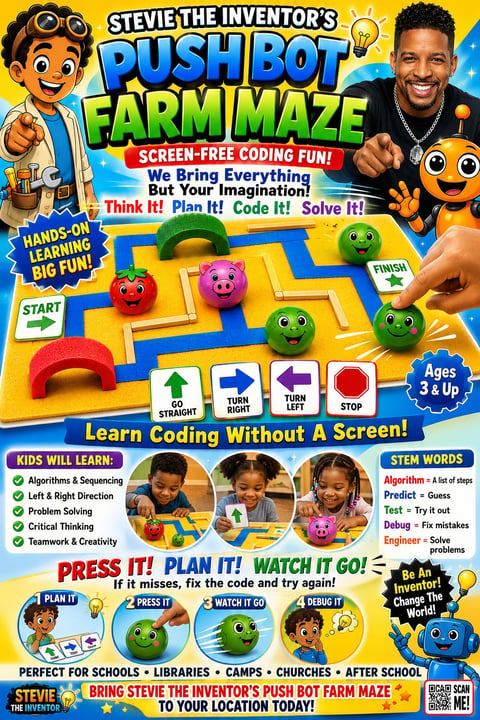 Stevie the Inventors Pushbot Farm Maze screen-free coding game with colorful robot characters and maze board for children ages 3 and up
