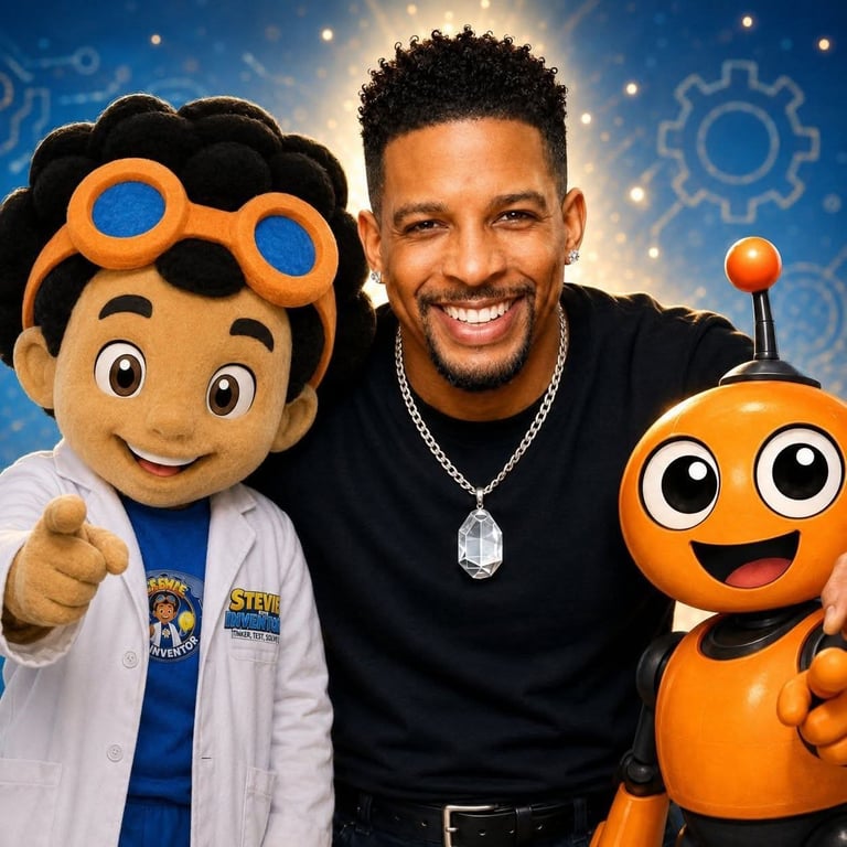 Man smiling with two animated mascot characters against a blue tech-themed background with gears