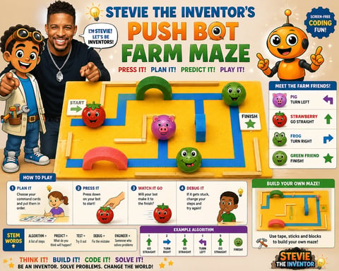 Stevie the Inventors Push Bot Farm Maze toy game box showing a yellow maze board with colorful robot characters and instructional diagrams