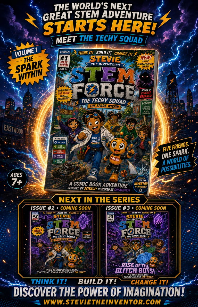 Promotional poster for STEM Force comic book series featuring diverse characters with lightning effects and tagline The Worlds Next Great STEM Adventure Starts Here