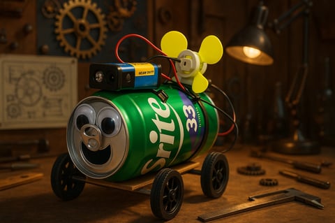 Steampunk-style robot made from a green Sprite can with wheels, yellow propeller, and mechanical parts on a wooden workbench