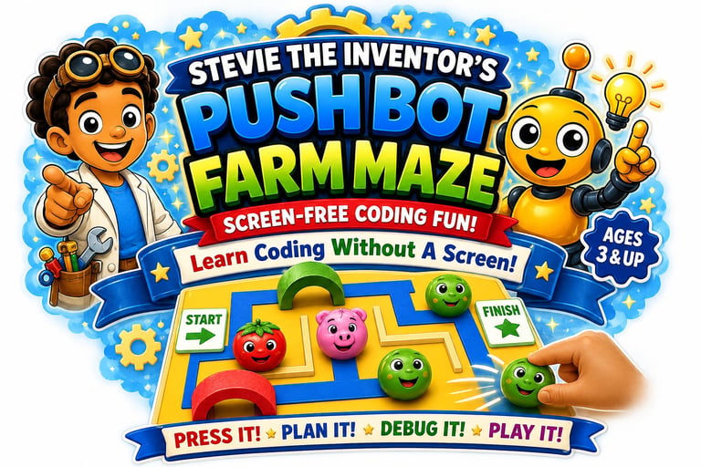 Stevie the Inventors Pushbot Farm Maze screen-free coding game for ages 3 and up with colorful robot characters and maze board