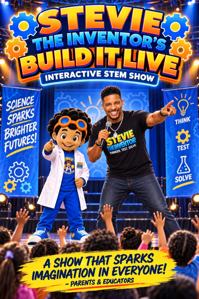 Stevie the Inventor Build It Live interactive STEM show poster featuring a man and animated character with raised hands and audience below