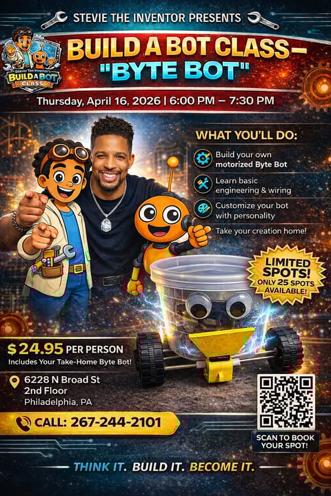 Poster for Build a Bot Class - Byte Bot by Stevie the Inventor featuring cartoon bots and motorized bot creation activity