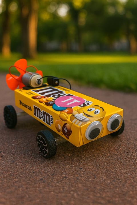 Yellow M&Ms toy car with colorful candies and speakers on a park path with blurred green trees in background