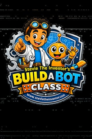 Stevie The Inventors Build A Bot Class logo featuring a cartoon inventor and robot character on a blue circuit board background