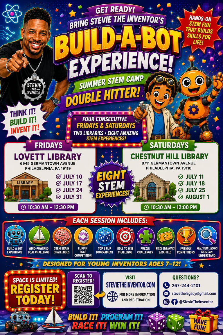 Stevie the Inventor Build-a-Bot summer STEM camp flyer for ages 7-12 at Philadelphia libraries in July-August