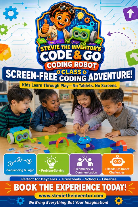 Promotional poster for Stevie the Inventors Code & Go Coding Robot screen-free class. Shows four children working with colorful coding robot blocks at a table, highlighting sequencing, problem-solving, teamwork, and hands-on learning for daycares, preschools, schools and libraries.