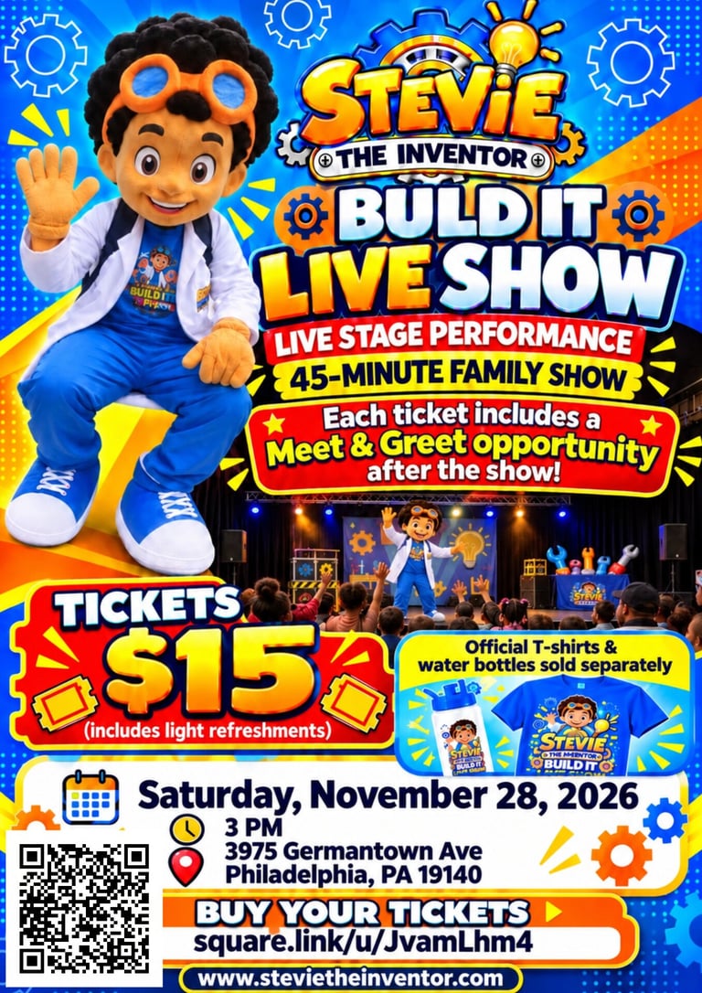 Stevie the Inventor Build It Live Show promotional flyer featuring cartoon character, ticket price $15, and event details for November 28 2026 in Philadelphia